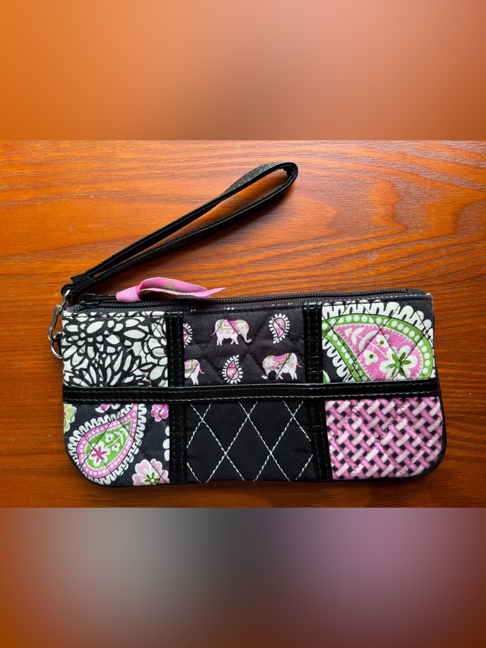 Retired Vera Bradley Ella Wristlet in “Pink Elephants” Patchwork Pattern